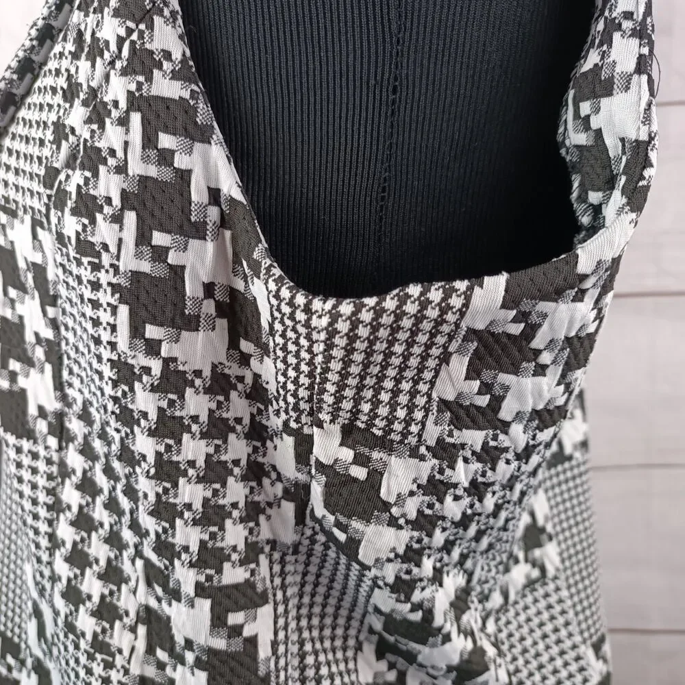 Woman's open sleeveless blazer cardigan houndstooth black white collar Large - Picture 14 of 15